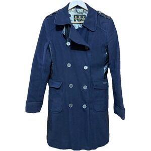 $750 BARBOUR Lieutenant Wool Cashmere Blend Coat Navy Military Faux Leather Sz 6